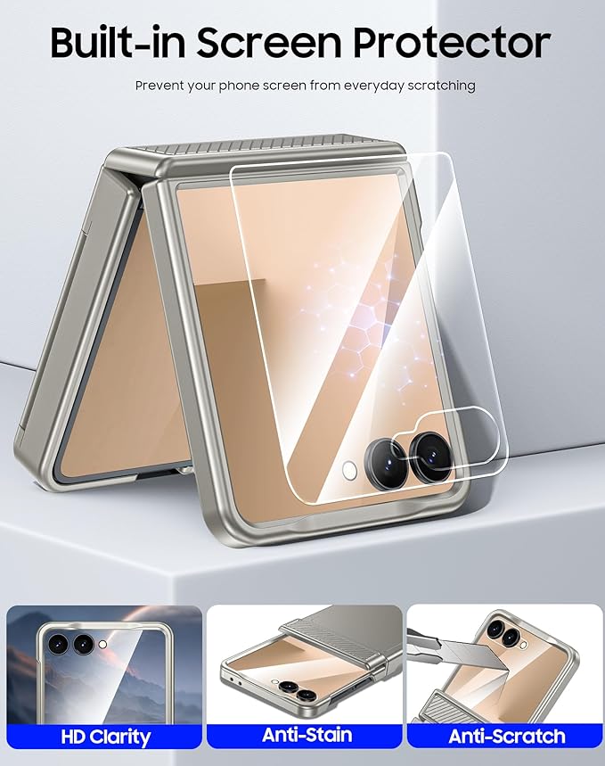 CENMASO for Samsung Galaxy Z Flip 7 Case Wallet Card Holder [RFID Blocking] & Hinge Protection & HD Screen Protector, Rugged Full-Body Cover Shockproof Phone Case for Z Flip 7-Natural Titanium