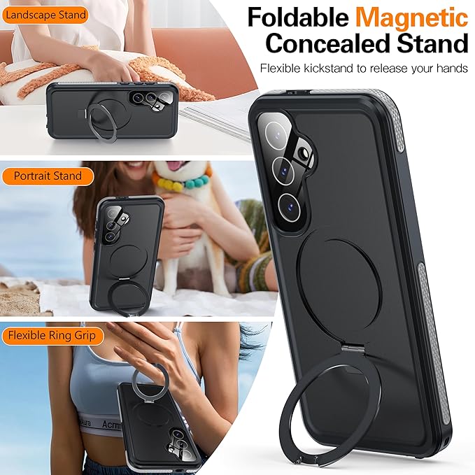 Magnetic & Stand for Samsung Galaxy S25 Case Waterproof[Built-in Screen Protector][Fit for Magsafe][Invisible Kickstand] 360° Full Body Sealed Protective Dustproof Shockproof Case Black