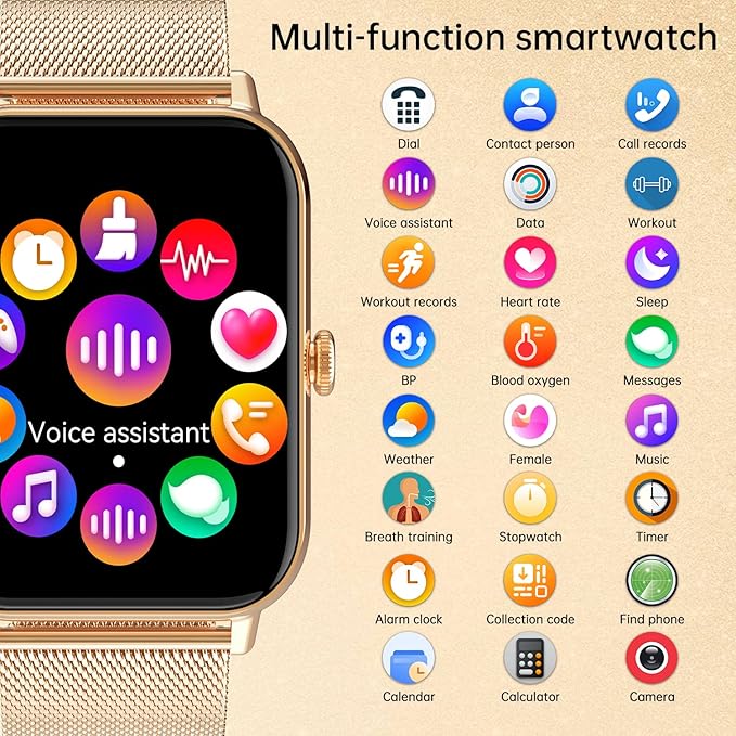 Smart Watch for Women Men(Answer/Dial Calls) 1.83" HD AI Voice Smartwatch with Fitness/Step Tracker/Heart Rate/Sleep/Stress Monitor, 120+ Sports Modes IP68 Waterproof for IOS/Android, Gold/3 Bands