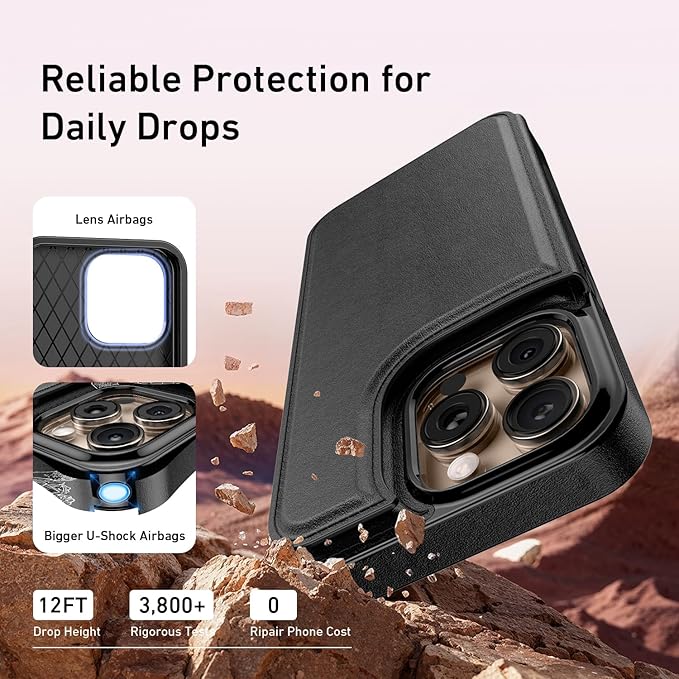 FUNMIKO for iPhone 16 Pro Max Wallet Case with Card Holder, RFID-Blocking, Military-Grade Protection & UV-Printed Artwork, Magnetic Closure with Leather Kickstand - Black