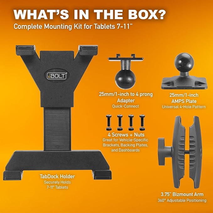 iBOLT TabDock Bizmount AMPs - Heavy Duty Drill Base Mount for All 7" - 10" Tablets- Great for Commercial Vehicles, Trucks, and Wall Mounting- Features 1 inch / 25mm Ball Joint