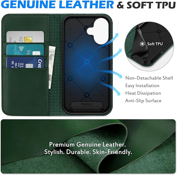 SHIELDON Case for iPhone 16 5G 2024, Genuine Leather Wallet Flip RFID Blocking Card Slot Kickstand Magnetic Shockproof TPU Phone Holder Case Compatible with iPhone 16 6.1" - Nappa Evergreen