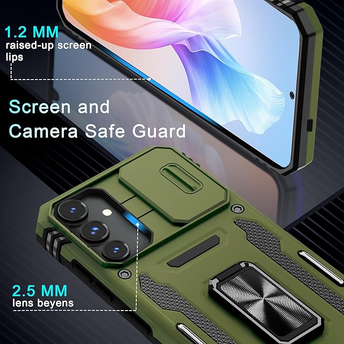 DEERLAMN Case for Samsung Galaxy S24+ Plus with Slide Camera Cover+Screen Protector (1 Pack), Rotated Ring Kickstand Military Grade Shockproof Protective Cover-Olive Green