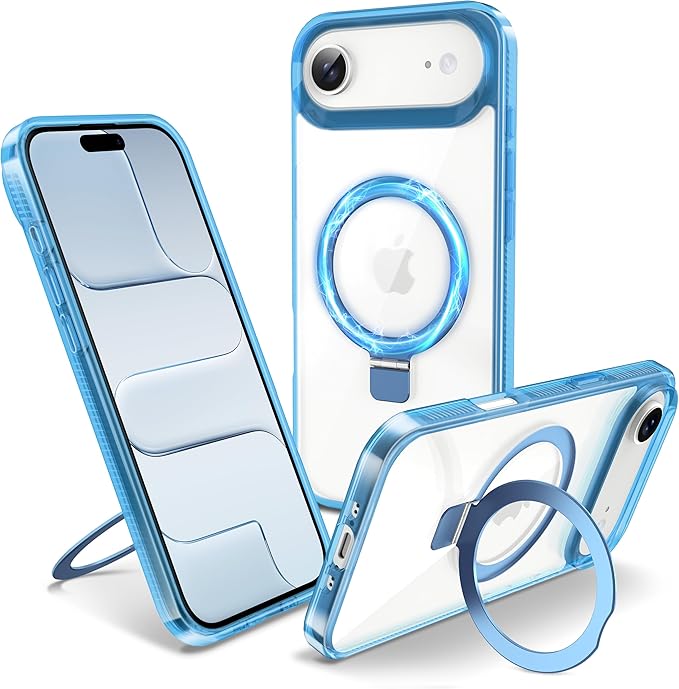 Magnetic Case for iPhone Air - [Built-in Invisible Stand] [Compatible with MagSafe] [Military Grade Drop Protection] Anti-Yellowing Hard Back Silicone Edge Cover, 6.5", Clear Blue