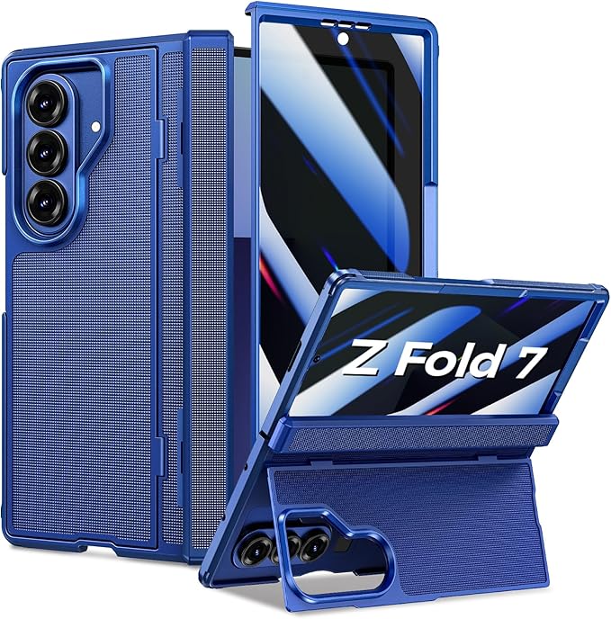 for Samsung Galaxy Z Fold 7 Case with Privacy Screen Protector, Kickstand & Hinge Protection – Rugged Hard 360° Full Body Protective Phone Cover Case for Z Fold 7 5G 2025 - Blue Shadow