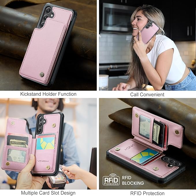 Vinich for Samsung Galaxy S24 FE Wallet Case with Card Holder, RFID Blocking Credit Slots Kickstand Shockproof Phone Cover for Women Men, Pink