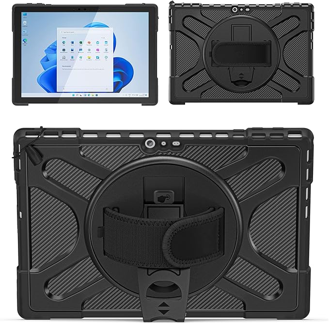 Junfire Protective Case for Microsoft Surface Pro 7 Plus, Surface Pro 7/6/5/4 Shockproof Rugged Case with 360°Rotating Kickstand/Hand Strap/Stylus Holder, Compatible with Type Cover Keyboard,Black