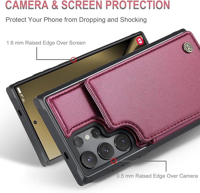 Vinich for Samsung Galaxy S25 Ultra Wallet Case with Card Holder, RFID Blocking Credit Slots Kickstand Shockproof Phone Cover for Women Men, Wine Red