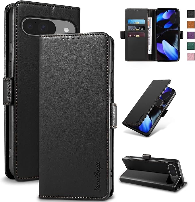 Wallet Flip Case for Google Pixel 9/9 Pro - [RFID Blocking] Luxury PU Leather Card Holder Magnetic Phone Cover with Kickstand,Shockproof Protective Case,Black