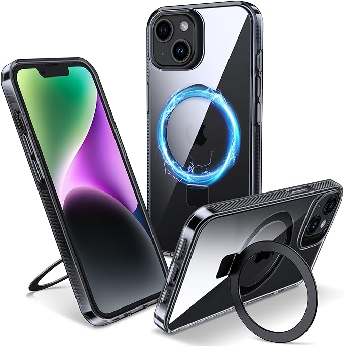Magnetic Case for iPhone 14 Plus - [Built-in Invisible Stand] [Compatible with MagSafe] [Military Grade Drop Protection] Anti-Yellowing Hard Back Silicone Edge Cover, 6.7", Clear Black