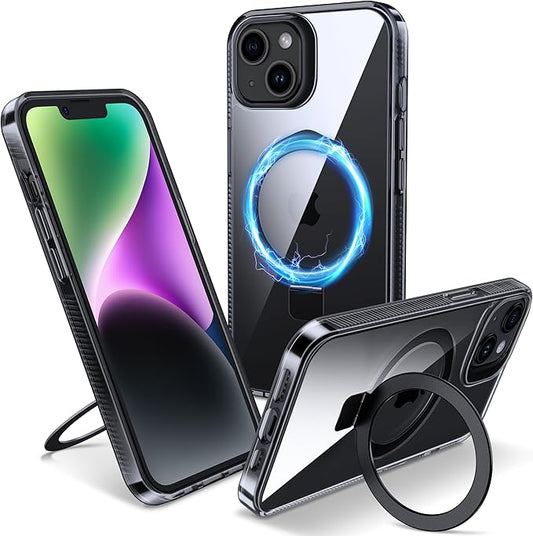 Magnetic Case for iPhone 14 Plus - [Built-in Invisible Stand] [Compatible with MagSafe] [Military Grade Drop Protection] Anti-Yellowing Hard Back Silicone Edge Cover, 6.7", Clear Black
