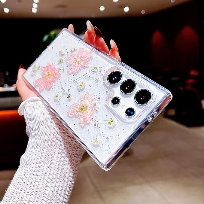 Compatible with Samsung Galaxy S24 Ultra Case Cute Pressed Dried Real Flowers Design Women Girly Shockproof Hard PC+ TPU Bumper Floral Phone Cover for Galaxy S24 Ultra (Light Pink)