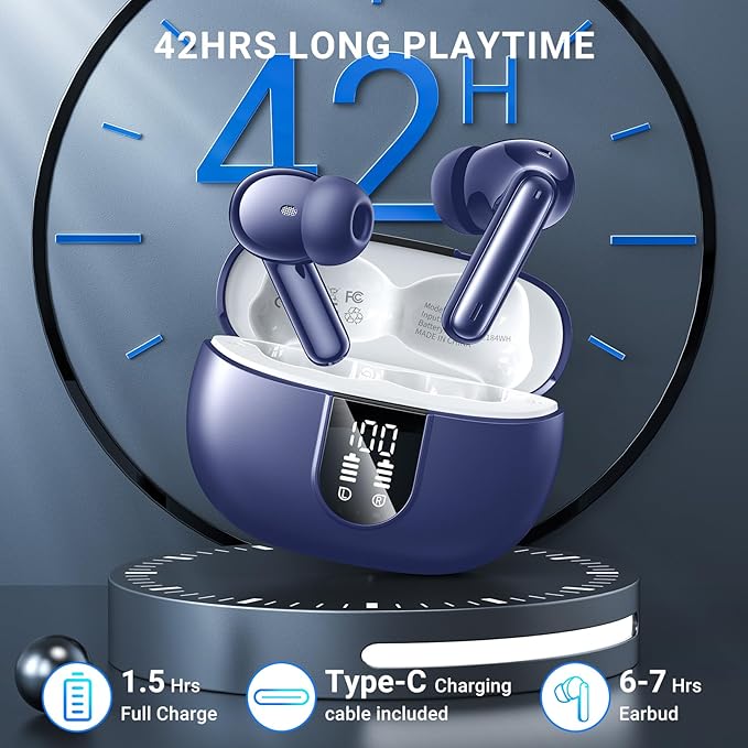 Wireless Earbuds, 2025 Wireless Headphones HiFi Stereo Earphones with 4 ENC Noise Canceling Mic, 42Hs Playtime In Ear Earbud, Bluetooth 5.3 Sport Earphones with LED Power Display for Android iOS