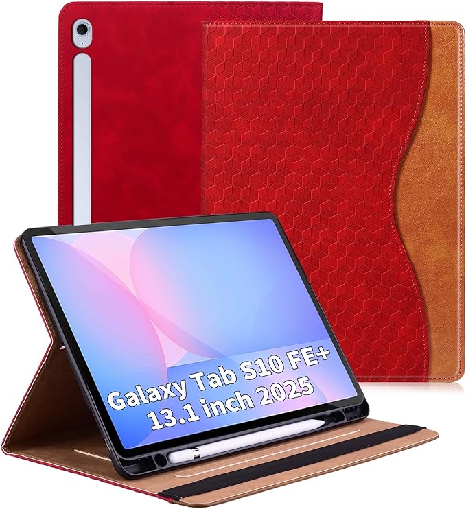 Case for Samsung Galaxy Tab S10 Fe Plus 13.1" 2025, PU Leather Folio Business Protective, Multi-Angle Viewing Stand with Front Pocket, Hand Strap for Galaxy S10 FE+ Red