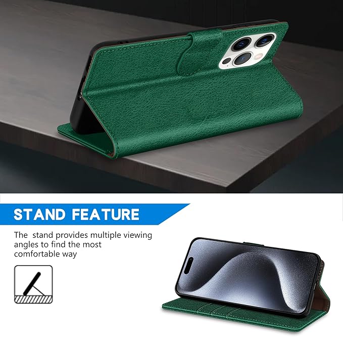 ZZXX for iPhone 15 Pro Wallet Case with [RFID Blocking] Card Slot Kickstand Magnetic Closure Leather Flip Fold Protective Phone Case for iPhone 15 Pro Case Wallet(Green-6.1 inch)