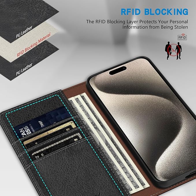 ZZXX for iPhone 15 Pro Max Wallet Case with [RFID Blocking] Card Slot Stand Strong Magnetic Leather Flip Fold Protective Phone Case for iPhone 15 Pro Max Case Wallet(Black-6.7 inch)