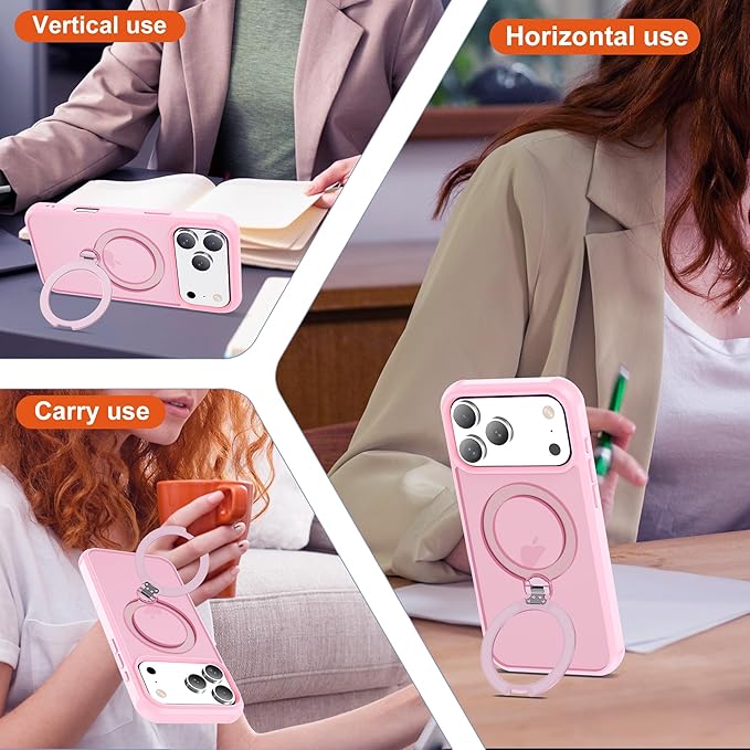 Compatible with iPhone 17 Pro Case with Invisible Magnetic 360°Spin Stand,Military-Grade Shockproof Protection [Compatible with Mag-Safe] Non-Slip Edge Translucent Case (6.3",Pink)