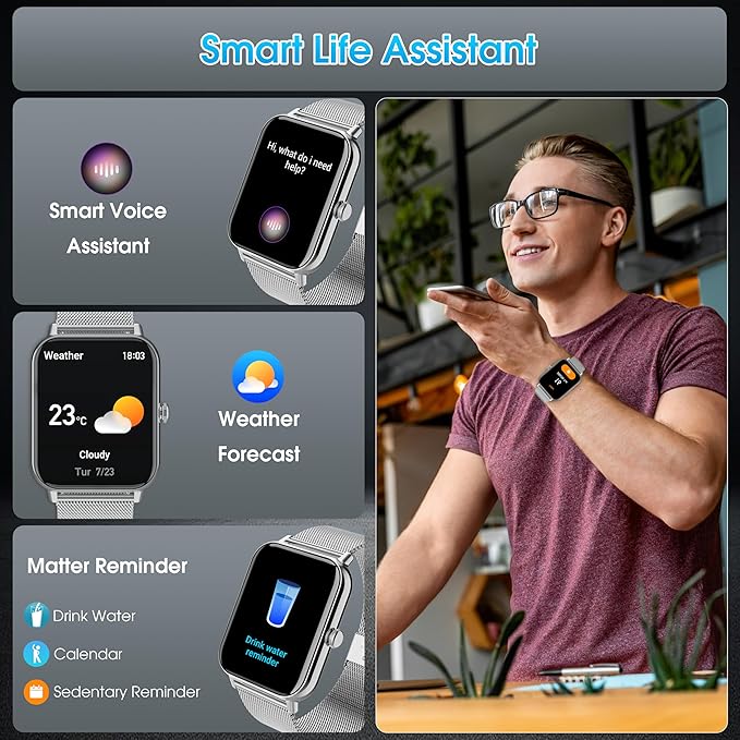 Smart Watch for Men Women(Answer/Dial Calls) 1.83" HD Fitness Step Tracker Watch with Heart Rate, Sleep & Stress,IP68 Waterproof/120+ Sports Modes for IOS/Android, Silver Metal/2 Watchs Bands