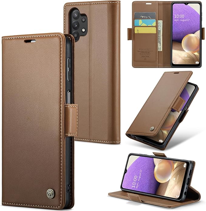 for Samsung Galaxy A32 5G Case, Premium PU Leather Wallet Case Flip Cover with [RFID Blocking][Card Holder][Stand Function] for Samsung Galaxy A32 5G (Non 4G Version), Brown