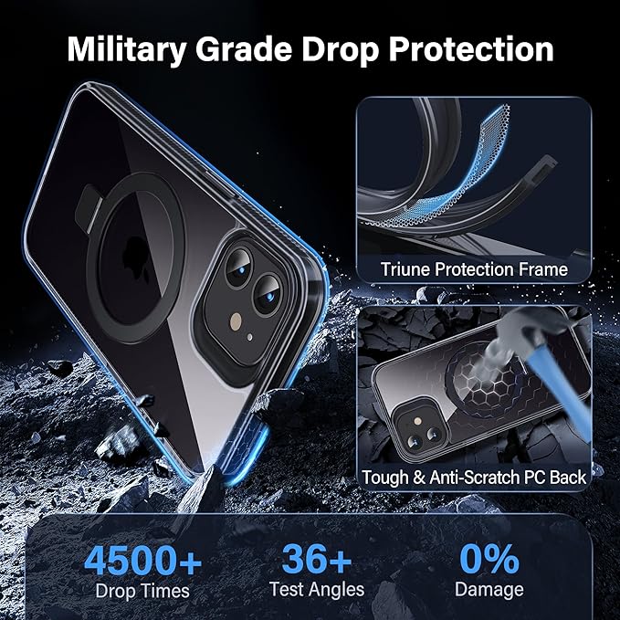 Magnetic Case for iPhone 12/12 Pro - [Built-in Invisible Stand] [Compatible with MagSafe] [Military Grade Drop Protection] Anti-Yellowing Hard Back Silicone Edge Cover, 6.1", Clear Black