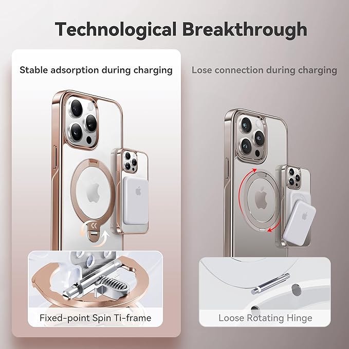 CASEKOO Desert Titanium 360° Polished for iPhone 15 Pro Case with Spin Magnetic Stand [Compatible with Magsafe][16FT Military Protection] Clear Back for 15 Pro Case Ring Kickstand 6.1'', Rose Gold