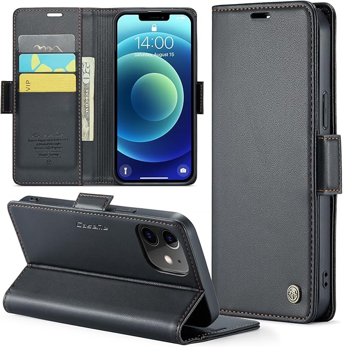 for iPhone 12/12 Pro Case, Premium PU Leather Wallet Case Flip Cover with [RFID Blocking][Card Holder][Stand Function] Shockproof Protective for iPhone 12 Pro/12, Black