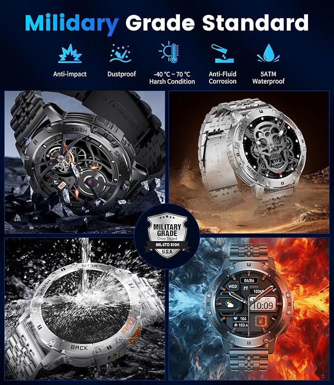 LIGE 1.43" AMOLED Smart Watch for Men with Flashlight, Bluetooth Calling, 100+ Sport Modes, 530mAh, IP68 Waterproof Fitness Tracker for Workout, iOS Android Compatible, Black Steel Leather