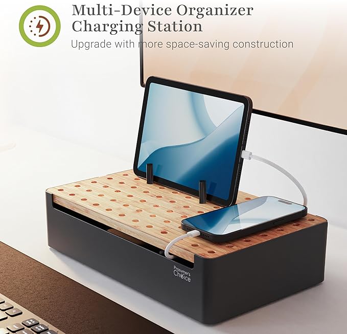 Prosumer's Choice Black Wooden Charging Station Organizer for Multiple Devices - Cable Management Box with 5 Slots and Removable Dividers - Charger Organizer for Phone, Tablet, Home, Office, 12"x6"x7"