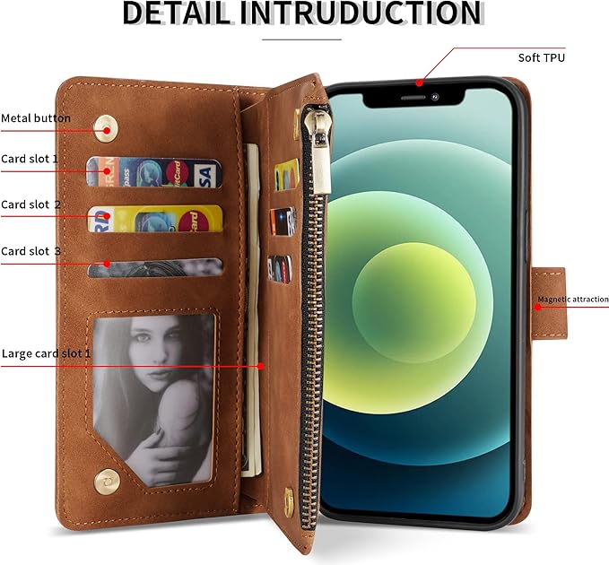 ZZXX for iPhone 12 Mini Wallet Case with Card Slot Premium Soft PU Leather Zipper Flip Folio Wallet with Wrist Strap Kickstand Protective for iPhone 12 Mini Case Wallet(Brown 5.4 inch)