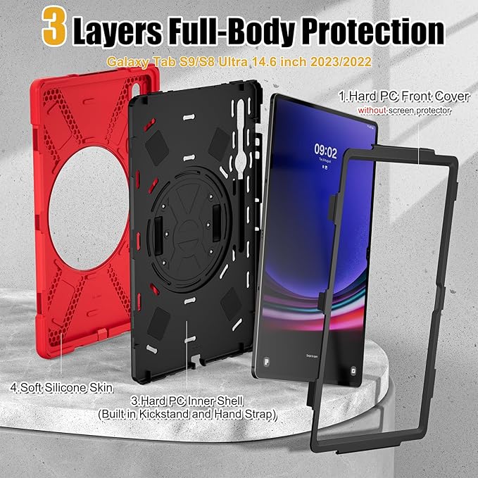 BRAECNstock Case for Samsung Galaxy Tab S10 Ultra/ S9 Ultra/ S8 Ultra 14.6" Shockporoof Protective Heavy Duty Kids Case with Pencil Holder [360 Rotating Strap]& Stand, Shoulder Strap, Red