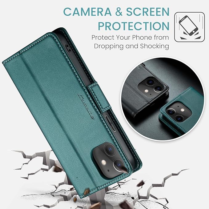 for iPhone 12/12 Pro Case, Premium PU Leather Wallet Case Flip Cover with [RFID Blocking][Card Holder][Stand Function] Shockproof Protective for iPhone 12 Pro/12, Blue-Green