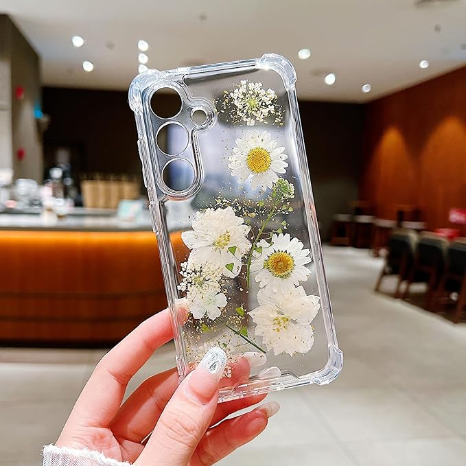 Compatible with Samsung Galaxy S23 Case Cute Pressed Dried Real Flowers Design Women Girly Shockproof Glitter Floral Clear Phone Cover for Galaxy S23 (White Flower)