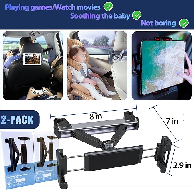 2026 Car Headrest Tablet Holder (2 Pack), Car iPad Holder for Kids, Scalable Tablet Mount for Backseat, for iPad Pro Fire HD..., 5.5-10.8" Fits Larger Tablets (If Short Side ≤10.6") [Upgrade -Black]