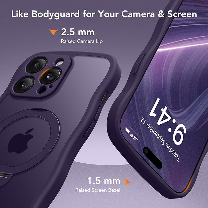 for iPhone 14 Pro Case for Women,[Compatible with Magsafe][360° Spin Magnetic Stand][Cute Wave Edge][Military-Grade Protection] Translucent Matte Phone Case for iPhone 14 Pro, Dark Purple