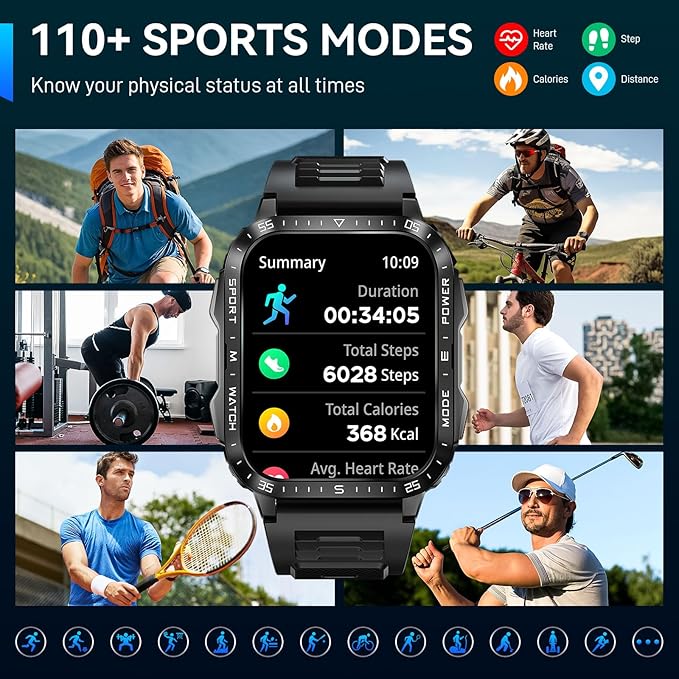 Military Smart Watch for Men with LED Flashlight Watch 2.0'' Big Screen Tactical Smartwatch 430mAh Big Battery Fitness Tracker with Heart Rate Sleep Monitor for iPhone Android