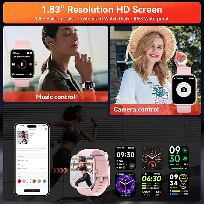 Smart Watch with Alexa Built-in, 1.83" HD Touchscreen Fitness Tracker, Bluetooth Notifications/Calls, IP68 Waterproof, 120+ Sport Modes, 24/7 Heart Rate & Sleep Monitor for iPhone Android iOS (Pink)