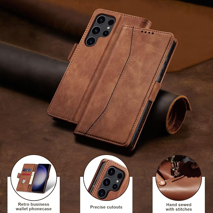 Jasonyu Flip Wallet Case for Samsung Galaxy S23 Ultra 5G,Leather Magnetic Folio Cover with Card Holder,Kickstand - TPU Shockproof Durable Protective Phone Case,Brown