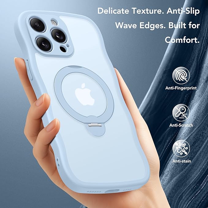 for iPhone 13 Pro Max Case for Women,[Compatible with Magsafe][360° Spin Magnetic Stand][Cute Wave Edge][Military-Grade Protection]Translucent Matte Phone Case for iPhone 13 ProMax, Baby Blue