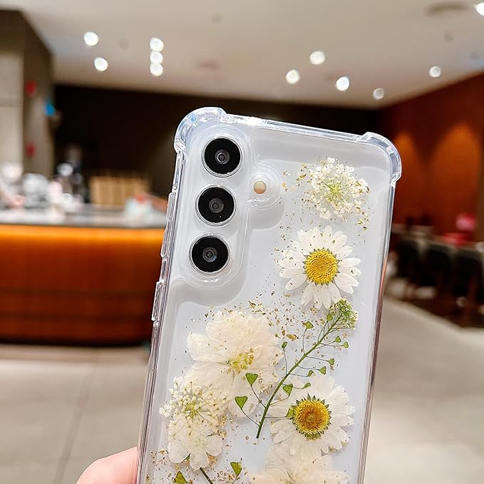 Compatible with Samsung Galaxy S23 Plus Case Cute Pressed Dried Real Flowers Design Women Girly Shockproof Glitter Floral Clear Phone Cover S23+ (White Flower)
