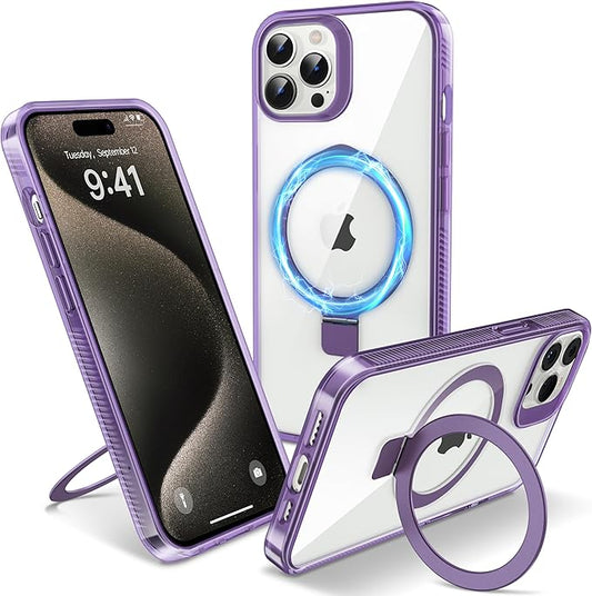 Magnetic Case for iPhone 15 Pro - [Built-in Invisible Stand] [Compatible with MagSafe] [Military Grade Drop Protection] Anti-Yellowing Hard Back Silicone Edge Cover, 6.1", Clear Purple