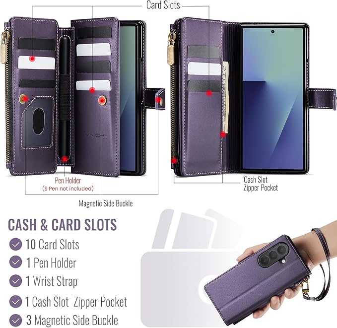 Vinich for Samsung Galaxy Z Fold 7 Wallet Case with Card Holder, Detachable Strap RFID Blocking Credit Slots Kickstand Shockproof Phone Cover for Women Men, Purple