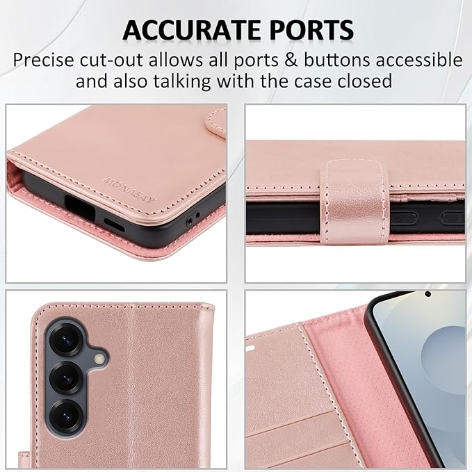 MONASAY Wallet Case Fit for Samsung Galaxy S25 5G, [Lens & Glass Screen Protector Included] [RFID Blocking] Flip Folio Leather Cell Phone Cover with Credit Card Holder, 6.2 inch, Rosegold