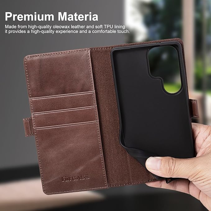 Case for Galaxy S25 Ultra 6.9"-Genuine Leather Folio Wallet Case with Kickstand RFID Blocking Card Holder Magnetic Protective Phone Cover Compatible with Galaxy S25 Ultra 2025 (Darkbrown)