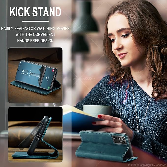 for Samsung Galaxy S21 Ultra Case, Flip Wallet Leather Case with Card Holder Magnetic Closure Shockproof Kickstand Protective Phone Cases Cover for Samsung S21 Ultra,Blue-Green