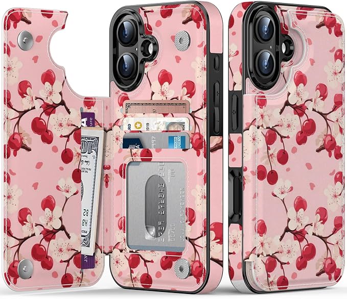 FUNMIKO for iPhone 16 Plus Wallet Case with Card Holder, RFID-Blocking, Military-Grade Protection & UV-Printed Artwork, Magnetic Closure with Leather Kickstand - Cherry Blossom