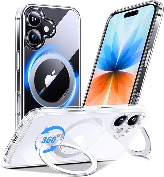 Anqrp 360° All-in-ONE Crystal Clear Case for iPhone 17 with Rotatable Magnetic Stand, Compatible with Mag-Safe, Anti-Yellowing Transparent MIL-Grade Shockproof Phone Case Cover for iPhone 17