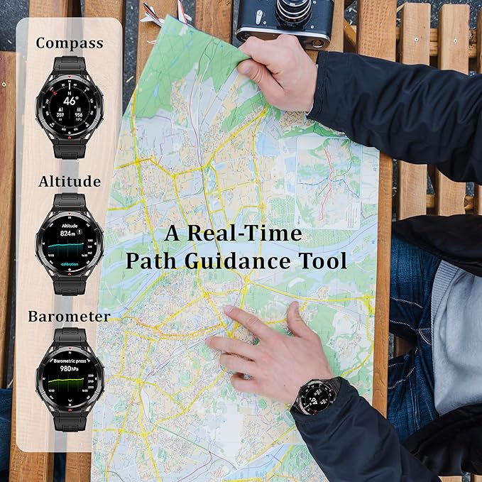 Military GPS Smart Watch: 1.43” AMOLED Always On Display, Built-In GPS, Compass, Altimeter, Barometer, Fitness/Path Tracker, BT Call, 150+ Sports, IP69K, Voice Assist, Long Battery Life, Android/iOS