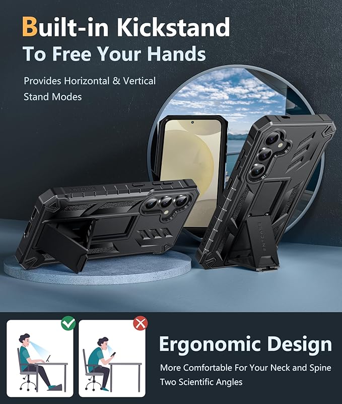 FNTCASE for Samsung Galaxy S24 Case: Military Grade Protective Cases with Kickstand | Rugged Drop Proof Shockproof Protection | Dual Layer Matte Textured TPU Phone Cover - 6.2 inches (Black)