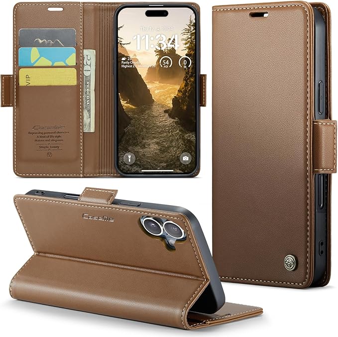 for iPhone 16 Plus Case, Premium PU Leather Wallet Case Flip Cover with [RFID Blocking][Card Holder][Stand Function] Shockproof Protective for iPhone 16 Plus, Brown