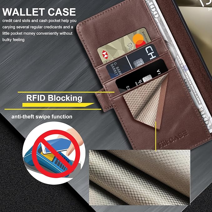 Case for Galaxy S25 Ultra 6.9"-Genuine Leather Folio Wallet Case with Kickstand RFID Blocking Card Holder Magnetic Protective Phone Cover Compatible with Galaxy S25 Ultra 2025 (Darkbrown)